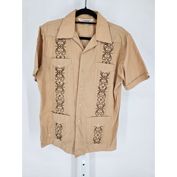 1970s Romani Collection Mens Sz M Short Sleeve Button Up Shirt Beige Embroidered - Picture 1 of 5